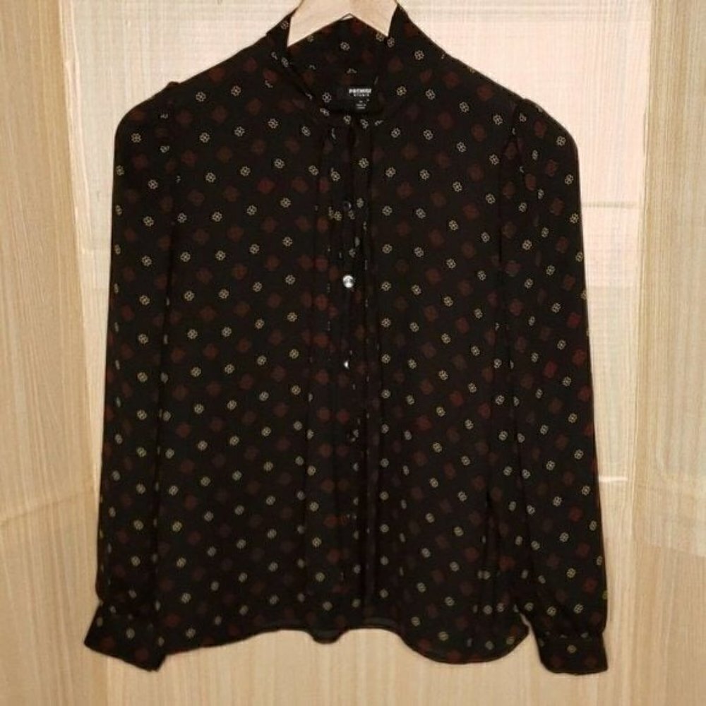 Premise Womens Black Geometric Blouse With Neck Tie Medium